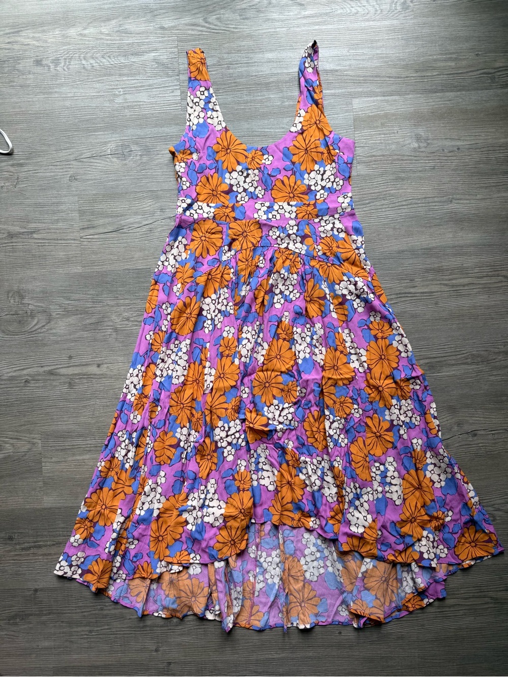 Mister Zimi Floral Midi Dress Women’s US 10 Purple Orange Retro Tiered Boho
